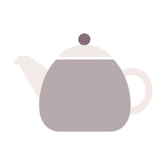 Stylized illustration of a grey teapot with a light grey spout and handle, featuring a small dark purple knob on its lid, set against a white background.