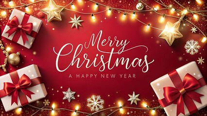 Festive christmas greeting with merry christmas and a happy new year text, surrounded by glowing string lights, golden stars, snowflakes, and gift boxes with red bows on a vibrant red background