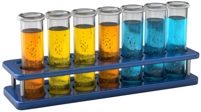 Test tubes with colorful liquids on transparent png background