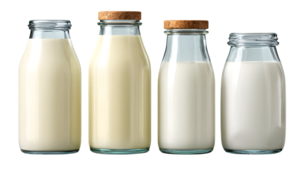 Four milk bottles full on transparent png background