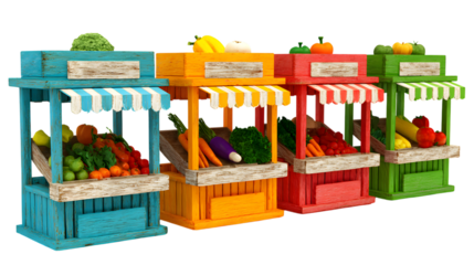 Colorful market stalls with produce on transparent png background