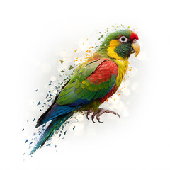 A parrot dissolving into geometric shapes.