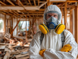 Worker in Full Hazmat Suit and Gas Mask Standing in Damaged Construction Site for Safety