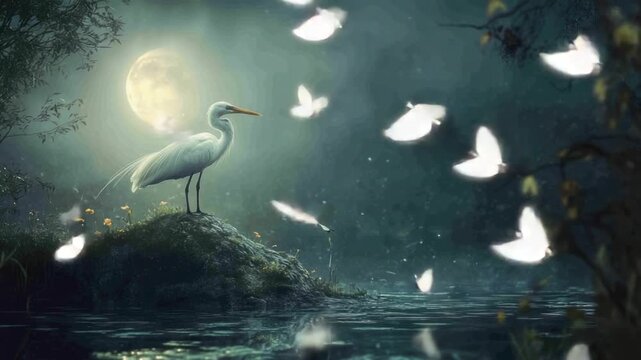 Ethereal night scene with a great egret under a full moon, surrounded by floating moths