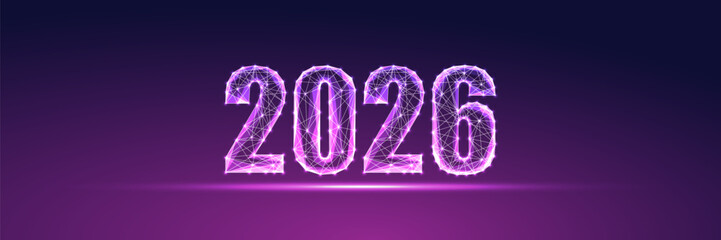 2026 New Year web banner, neon purple glowing vector illustration on dark gradient background