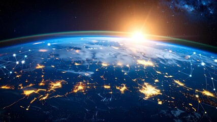 Earth from space with digital network connections and city lights at night under a bright sun - Powered by Adobe
