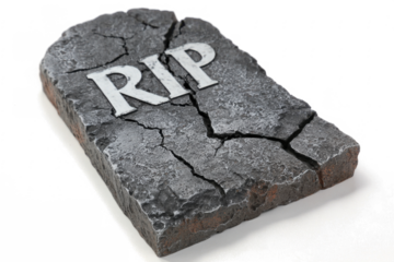A weathered tombstone with the letters RIP carved into the stone, cracked and aged.