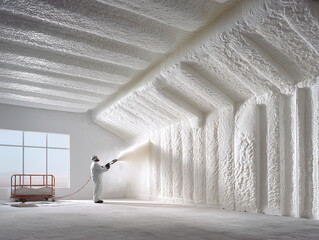 Worker Installing Spray Foam Insulation in a Residential Wall Interior