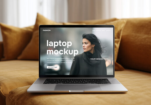 Laptop on sofa mockup