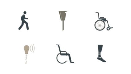 Inclusive Accessibility Icons: Wheelchair, Hearing Aid, Prosthetic Leg, Flat Design, Transparent Background