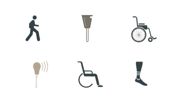 Inclusive Accessibility Icons: Wheelchair, Hearing Aid, Prosthetic Leg, Flat Design, Transparent Background