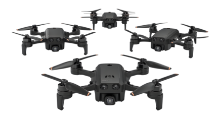 Multiple drones aerial view on transparent png background