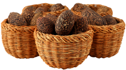 Baskets filled with fruit still life on transparent png background