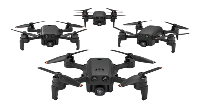 Multiple drones aerial view on transparent png background