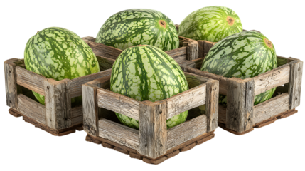 Watermelons in wooden crates on transparent png background