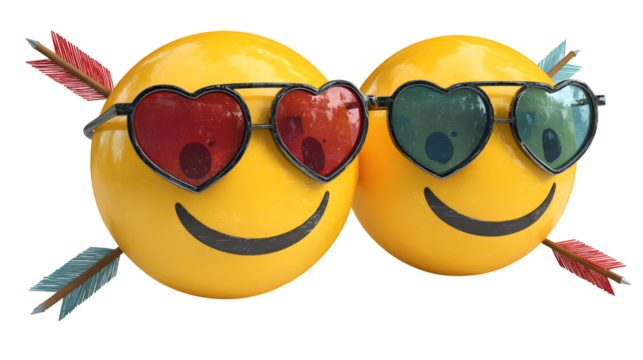 Two emojis with heart glasses on transparent png background