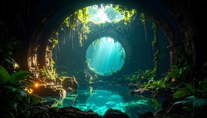 Mystical Cenote with Sunbeams and Tropical Plants