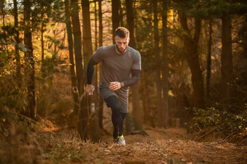 Determined male athlete running uphill in forest during golden hour