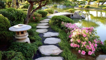 A tranquil Japanese garden path winds through lush greenery and a serene pond, adorned with colorful flowers and a traditional stone lantern.