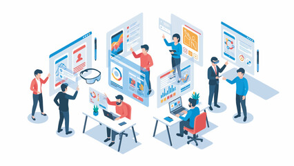 Business team collaborates on digital interfaces in modern office, showcasing teamwork and innovation with a focus on user experience and technology.