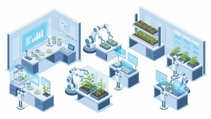 Obraz premium Robotic arms tending to plants in a futuristic laboratory, showcasing automation and precision in agricultural research for sustainable food production.