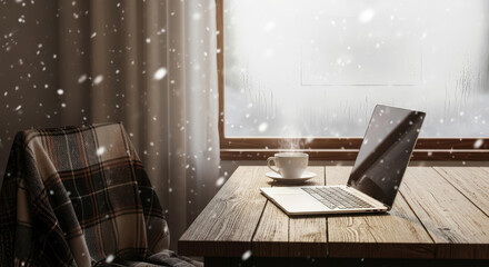 A cozy retreat during a winter snowfall for work and relaxation
