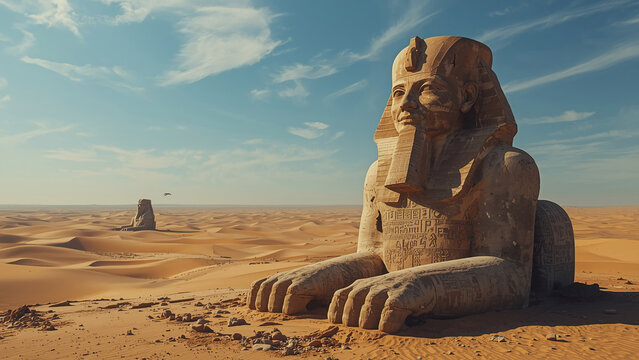 A vast desert of colossal god statues buried in golden sands