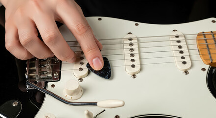 A musician's skill and passion resonate in a hand poised to strum the strings of an electric guitar