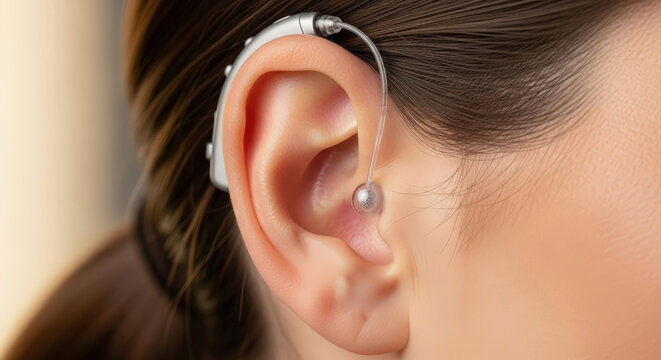A modern, discreet hearing aid behind a woman's ear, symbolizing technological advancement to improve the quality of life