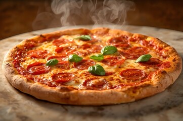 Hot Pepperoni Pizza with Melted Cheese and Basil Leaves