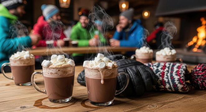 A winter toast in a cozy lodge, the reward of a day on the snow among friends, fireplace, and hot chocolate
