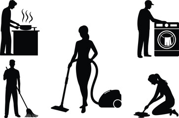 Household chores illustration, people cooking, washing clothes, sweeping floor, vacuuming, scrubbing, domestic work, home hygiene, cleaning tasks, lifestyle activity, flat vector