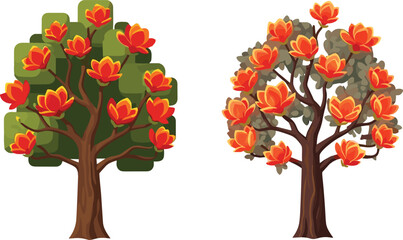 Fototapeta premium Flowering tree illustration, red orange blossom tree art, geometric foliage design, natural tree artwork, floral nature drawing, botanical decorative tree illustration