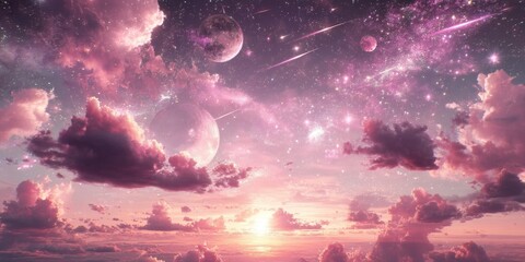 Pink and purple celestial sky with luminous clouds multiple planets and shooting stars