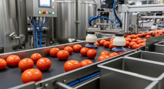Automated food processing line with robotic arms sorting and inspecting fresh tomatoes on a conveyor belt in a modern factory