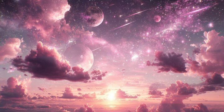 Pink and purple celestial sky with luminous clouds multiple planets and shooting stars