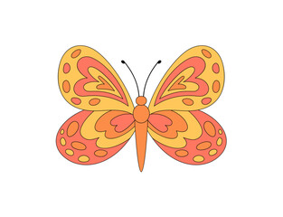 Groovy retro butterfly sticker in a funky and colorful style. Cute orange patch creates psychedelic feel as y2k groovy element. Playful accent, trendy vibe for pop decor.