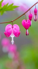 Heart-shaped pink flowers hanging from a branch. Soft focus
