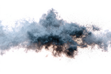 A cloud of dark smoke or dust against a white background, resembling a storm cloud.