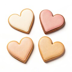 Fototapeta premium Four heart shaped cookies with pastel icing isolated on white background