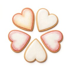 Obraz premium Five heart shaped cookies with white and pink icing isolated on white background