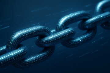 Close-up digital illustration of a metallic chain with glowing binary code, symbolizing blockchain, data security, and technology connectivity.