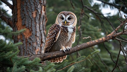 Barred owl calling from top branch of backyard fir tree