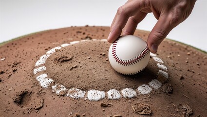 Baseball on pitcher?s mound with hand reaching to pick up, fingers close to surface on white