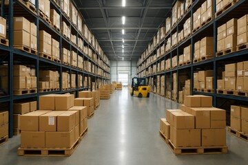 High-resolution panoramic view of a modern warehouse interior with tall shelves, neatly stacked cardboard boxes, pallets, and forklifts operating in the aisle.
