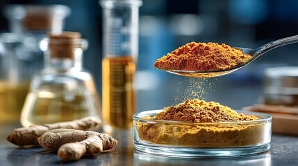 Turmeric powder pouring from a spoon into a glass petri dish, showcasing the spice's application in scientific research and natural health remedies with raw roots and lab equipment