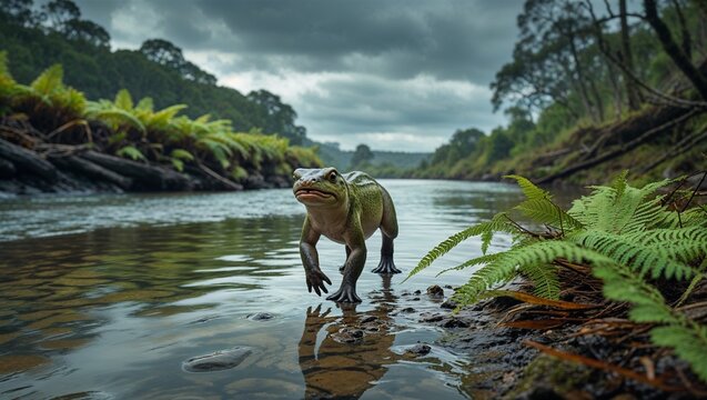 Batrachotomus walking along fern-lined riverbank under overcast Triassic sky - Powered by Adobe