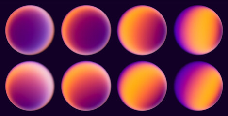 Set of glowing glass spheres filled with warm sunset inspired gradients blending orange purple and pink tones. Luminous spheres illuminated with glowing sunset gradients for creative projects. Vector