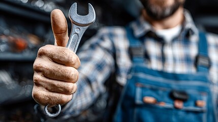 Mechanic's hand holds a metal wrench and shows thumbs up, close up signaling reliable repair, professional maintenance and trusted workmanship for home or automotive service