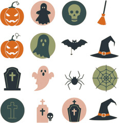Collection of Halloween icons including pumpkins, ghosts, bats, spiders, tombstones, witch hats, and cobwebs, presented in a clean vector graphic style